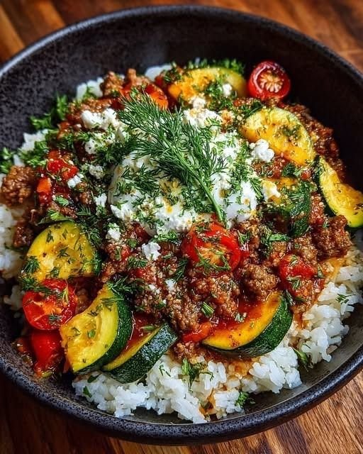Mediterranean Greek-Style Beef and Zucchini Rice Bowl